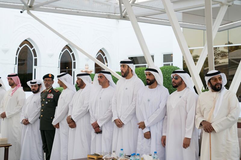 ABU DHABI, UNITED ARAB EMIRATES - November 12, 2018: (R-L) HH Sheikh Tahnoon bin Mohamed Al Nahyan, Ruler's Representative in Al Ain Region, HH Sheikh Hamdan bin Zayed Al Nahyan, Ruler’s Representative in Al Dhafra Region, HH Sheikh Nahyan Bin Zayed Al Nahyan, Chairman of the Board of Trustees of Zayed bin Sultan Al Nahyan Charitable and Humanitarian Foundation, HH Sheikh Abdullah bin Rashid Al Mu'alla, Deputy Ruler of Umm Al Quwain, HH Lt General Sheikh Saif bin Zayed Al Nahyan, UAE Deputy Prime Minister and Minister of Interior, HH Sheikh Saeed bin Mohamed Al Nahyan, HH Sheikh Khaled bin Zayed Al Nahyan, Chairman of the Board of Zayed Higher Organization for Humanitarian Care and Special Needs (ZHO), HE Lt General Hamad Thani Al Romaithi, Chief of Staff UAE Armed Forces, HH Sheikh Hamdan bin Mubarak Al Nahyan and HH Sheikh Khalifa bin Mohamed bin Khaled Al Nahyan, attend a Sea Palace barza.

( Mohamed Al Hammadi / Ministry of Presidential Affairs )
---
