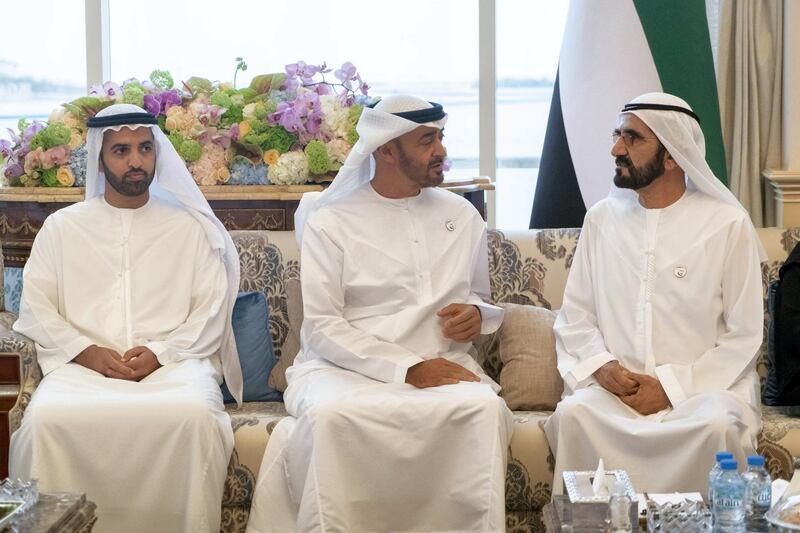 ABU DHABI, UNITED ARAB EMIRATES - April 22, 2019: HH Sheikh Mohamed bin Zayed Al Nahyan, Crown Prince of Abu Dhabi and Deputy Supreme Commander of the UAE Armed Forces (C) meets with HH Sheikh Mohamed bin Rashid Al Maktoum, Vice-President, Prime Minister of the UAE, Ruler of Dubai and Minister of Defence (R), during a Sea Palace barza. Seen with HH Sheikh Mohamed bin Saud bin Saqr Al Qasimi, Crown Prince and Deputy Ruler of Ras Al Khaimah (L).

( Rashed Al Mansoori / Ministry of Presidential Affairs )
---