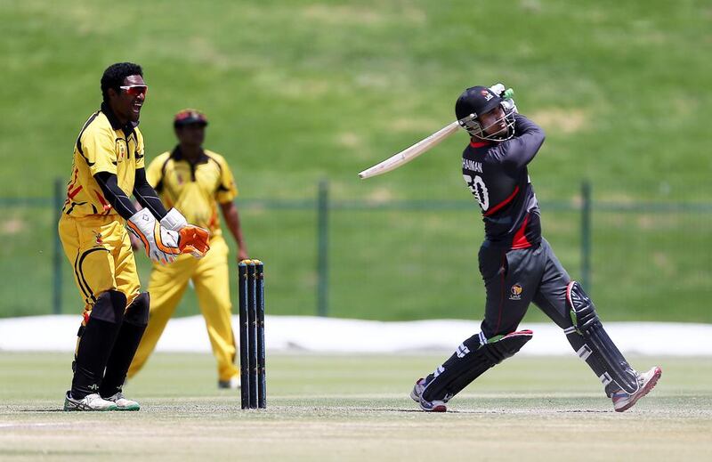 UAE batsman Shaiman Anwar plays a shot during the most recent Twenty20 against Papua New Guinea on Wednesday. The UAE won the match by five wickets. Pawan Singh / The National 