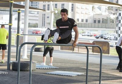 DUBAI UNITED ARAB EMIRATES  15 September 2018 - Ahmed from "Mafi Wafi"  group a health and fitness group of young people who want to encourage the youth to be fit and workout rather than spending all their time on the phone, doing training at the Sky Dive Dubai Calisthenics Park.  Leslie Pableo for The National for Haneen Dajani story