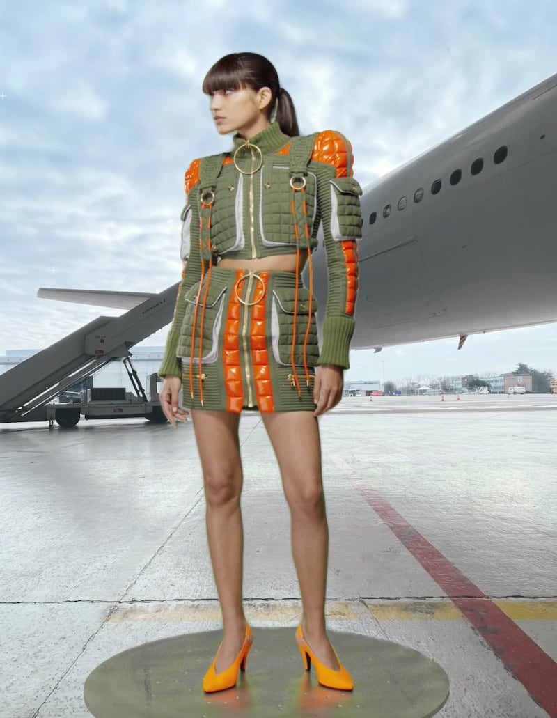 Militaristic padded jacket and miniskirt at Balmain