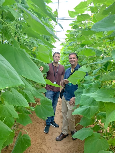Yazen Al Kodmani, operations manager from Emirates Bio Farm, (L), with founder and CEO of The Arbor School Dr Sa'ad Al Omari inside a biosphere where children are taught sustainable farming. Courtesy: The Arbor School          