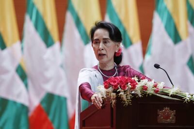 epa06213002 Myanmar's State Counselor Aung San Suu Kyi gives a speech on the Myanmar government's efforts with regard to national reconciliation and peace in Naypyitaw, Myanmar, 19 September 2017. Suu Kyi used to speech to address national reconcilliation and peace efforts in Myanmar in the 18 months that the nation has been under civilian rule. The Myanmar military has been under increased international scrutiny due to the refugee crisis in Bangladesh caused by ethnic Rohingya fleeing violence in Myanmar's Rakhine state due to a security crackdown. Authorities estimate that over 400,000 Rohingya have fled the violence in Rakhine State.  EPA/HEIN HTET