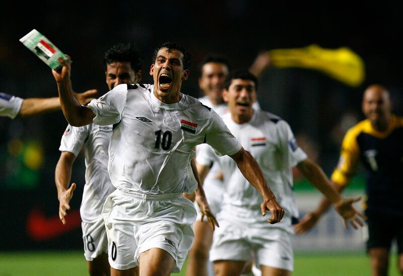 Iraq captain Younis Mahmoud celebrates after scoring what proved to be the winning goal in the 2007 Asian Cup final against Saudi Arabia. Reuters