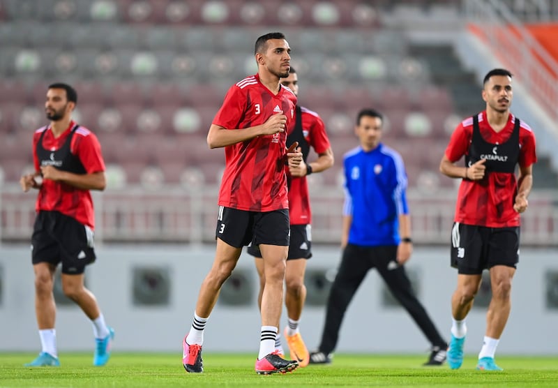 UAE captain Walid Abbas trains at the Abdullah bin Khalifa Stadium in Doha ahead of the national team's 2022 World Cup play-off against Australia on Tuesday. Photo: UAE FA