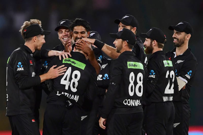 New Zealand's players celebrate after a Pakistan dismissal at the National Stadium in Karachi. AFP
