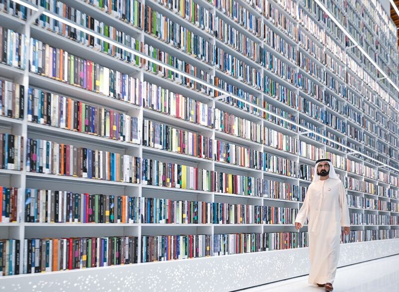Sheikh Mohammed tours the library at the launch on Monday.  Photo: HHShkMohd via Twitter
