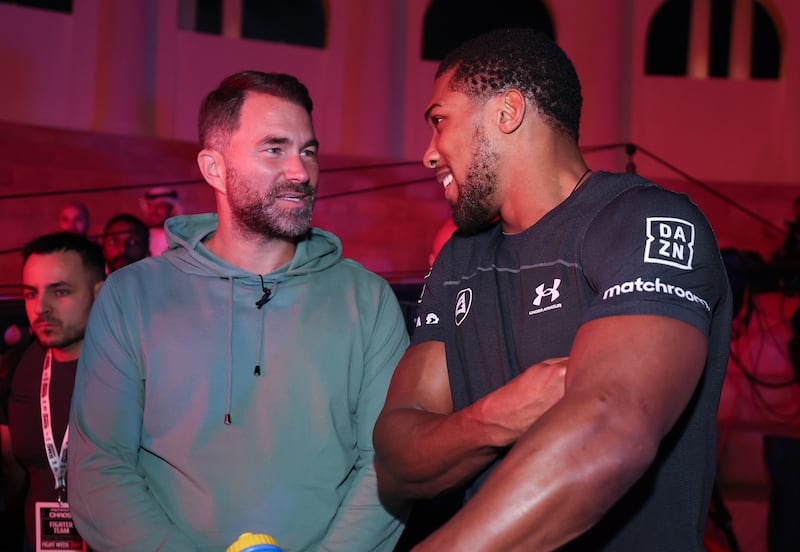 Anthony Joshua with promotor Eddie Hearn ahead of the Knockout Chaos clash against Francis Ngannou in Riyadh. Getty Images