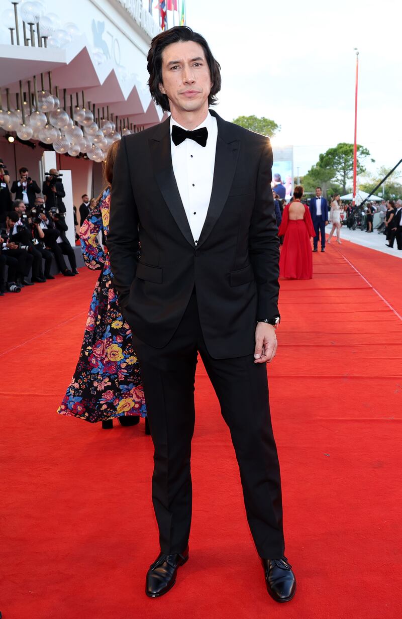 Adam Driver wears a black tuxedo. Getty Images 