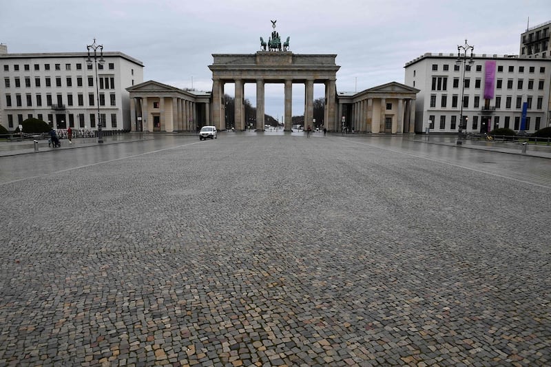 The near-empty Pariser Platz square in front of Berlin's landmark Brandenburg Gate in Germany. AFP