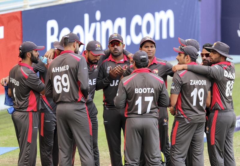 Dubai, United Arab Emirates - October 30, 2019: The UAE gather together before the game between the UAE and Scotland in the World Cup Qualifier in the Dubai International Cricket Stadium. Wednesday the 30th of October 2019. Sports City, Dubai. Chris Whiteoak / The National