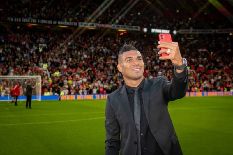 United's new signing Casemiro takes a selfie prior to the match. Getty