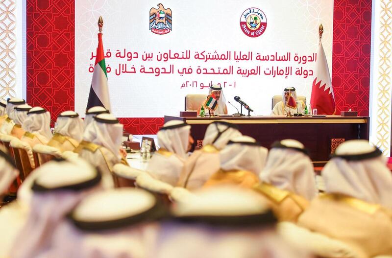Sheikh Abdullah bin Zayed, Minister of Foreign Affairs and Sheikh Mohammed bin Abdul Rahman Al Thani, Foreign Minister of Qatar speak at the sixth session of the joint higher committee between the UAE and Qatar. Wam