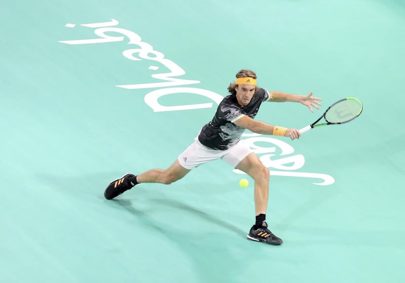 Abu Dhabi, United Arab Emirates - Reporter: Jon Turner: Stefanos Tsitsipas plays a shot during the final between Rafael Nadal v Stefanos Tsitsipas at the Mubadala World Tennis Championship. Saturday, December 21st, 2019. Zayed Sports City, Abu Dhabi. Chris Whiteoak / The National