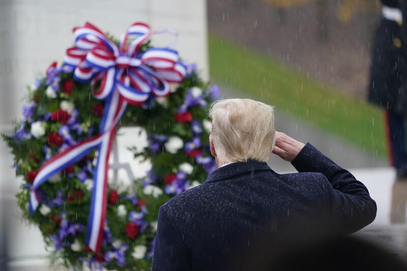 US President Donald Trump salutes in Arlington, Virginia, US. Bloomberg