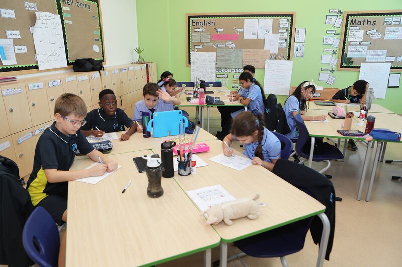 Year 5 pupils in class at the Gems Metropole School in Al Waha. Pawan Singh / The National