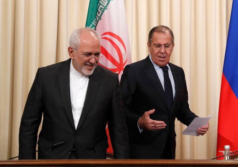 epa06698591 (L-R) Iranian Foreign Minister Mohammad Javad Zarif, Russian Foreign Minister Sergei Lavrov, and Turkish Foreign Minister Mevlut Cavusoglu (not pictured) give a news conference following their trialteral on the Syrian crisis in Moscow, Russia, 28 April 2018. Russia hosts a trilateral with Turkey and Iran to discuss current developments in Syria including an alleged chemical attack in Douma.  EPA/SERGEI CHIRIKOV