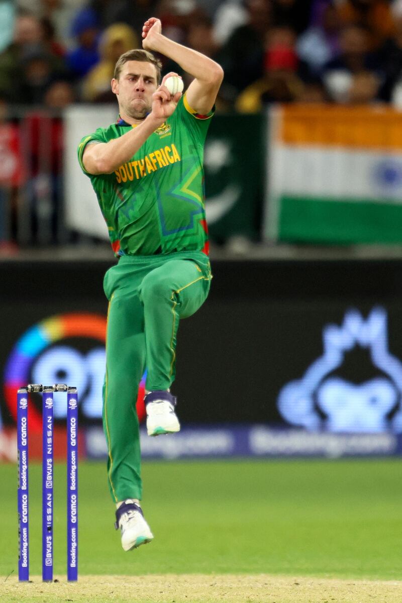 South Africa's Anrich Nortje bowls. AFP