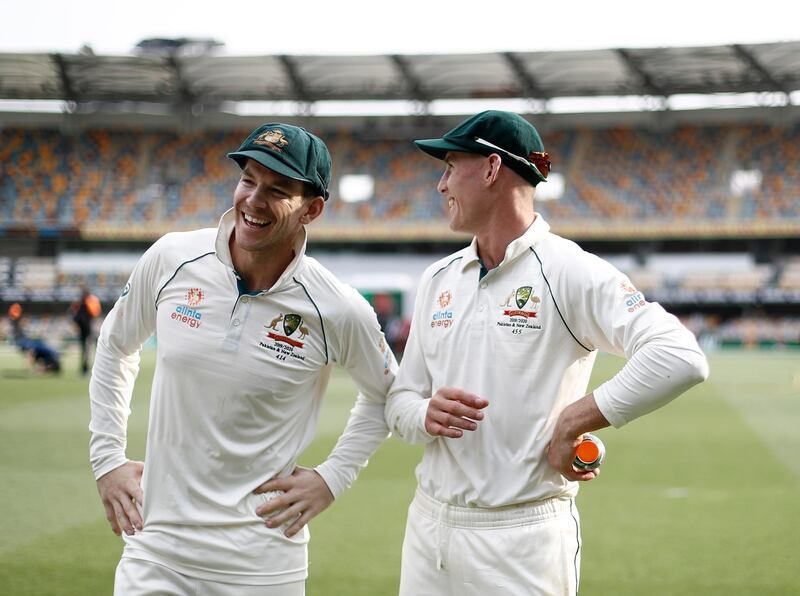 BRISBANE, AUSTRALIA - NOVEMBER 24: Tim Paine and Marnus Labuschagne of Australia celebrates victory during day four of the 1st Domain Test between Australia and Pakistan at The Gabba on November 24, 2019 in Brisbane, Australia. (Photo by Ryan Pierse/Getty Images)