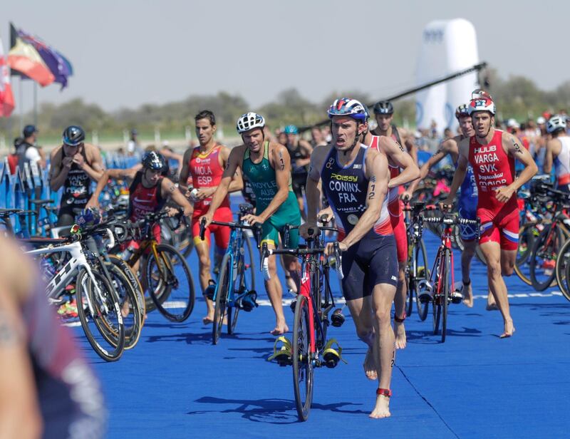 Abu Dhabi, United Arab Emirates, March 8, 2019.  Elite Division ITU Traiathlon at the YAS Marina Circuit. --  Start of the second stage of the  triathlon, bike.
Victor Besa/The National
Section:  NA
Reporter:  Haneen Dajani