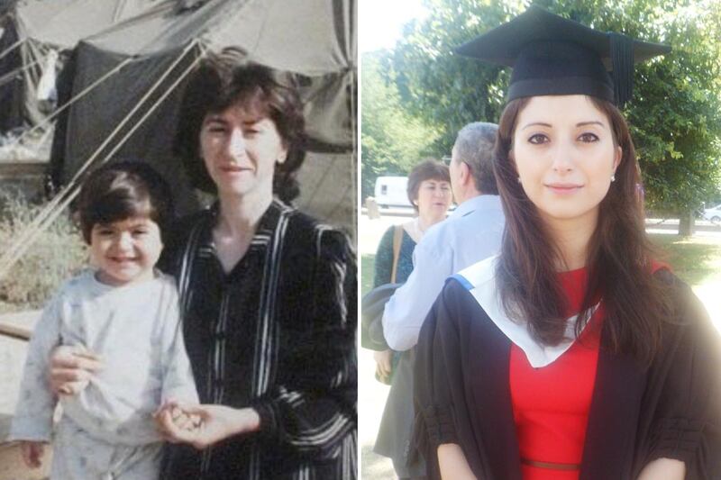 The young Bnar with her mother in a refugee camp in northern Iraq, left, and having graduated from Cardiff University with a degree in medicine, right. Photo: Dr Bnar Talabani