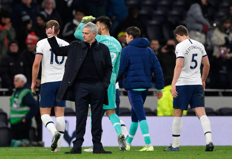 Tottenham Hotspur's manager Jose Mourinho celebrates after the 3-2 Premier League win over Bournemouth. AFP