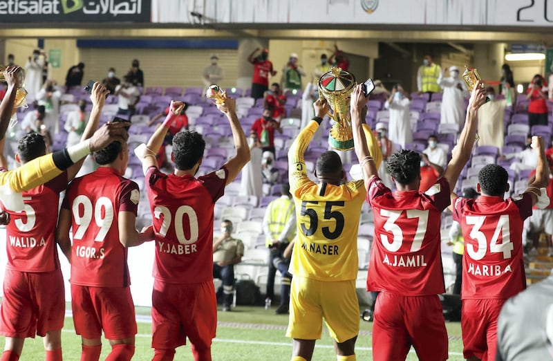 Shabab Al Ahli celebrate winning the game between Shabab Al Ahli and Al Nasr in the PresidentÕs Cup final in Al Ain on May 16th, 2021. Chris Whiteoak / The National. 
Reporter: John McAuley for Sport