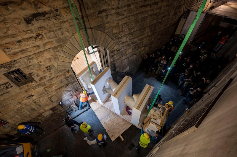 The 3D-printed copy of Michelangelo's David statue is being assembled at a laboratory in Florence, Italy.  EPA