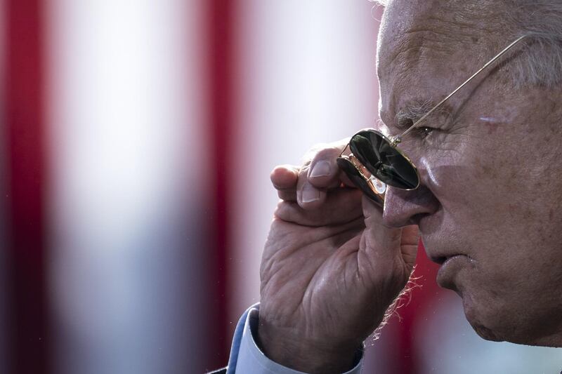 Democratic presidential nominee Joe Biden speaks during a drive-in campaign rally at Riverside High School in Durham, North Carolina. AFP