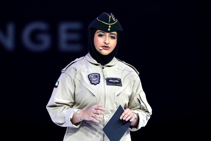 DUBAI, UNITED ARAB EMIRATES , Feb 17  – 2020 :- CAPT. SHEIKHA MOZAH BINT MARWAN AL MAKTOUM, Lieutenant Pilot, Dubai Police – UAE speaking at the Global Women’s Forum Dubai held at Madinat Jumeirah in Dubai. (Pawan  Singh / The National) For News. Story by Shuchita 