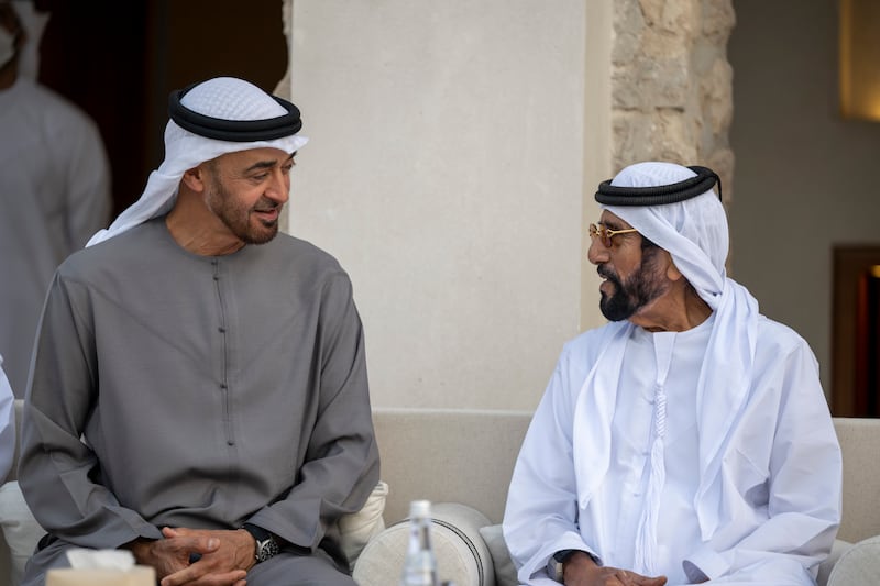 Sheikh Mohamed bin Zayed, Crown Prince of Abu Dhabi and Deputy Supreme Commander of the Armed Forces, and Sheikh Tahnoun bin Mohamed, Ruler's Representative in Al Ain Region, attend the group wedding reception.