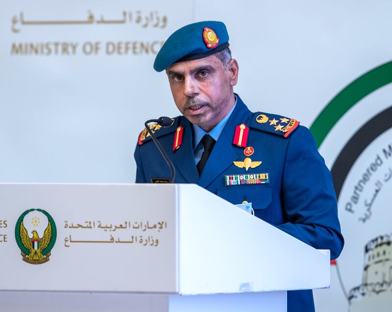 Brig Salem Al Kaabi, head of Executive Department of Military Judiciary at the Ministry of Defence, speaks at the event in Abu Dhabi. Victor Besa / The National