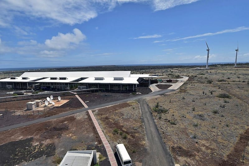 Wind turbines power the airport on the island of Baltra. AFP 