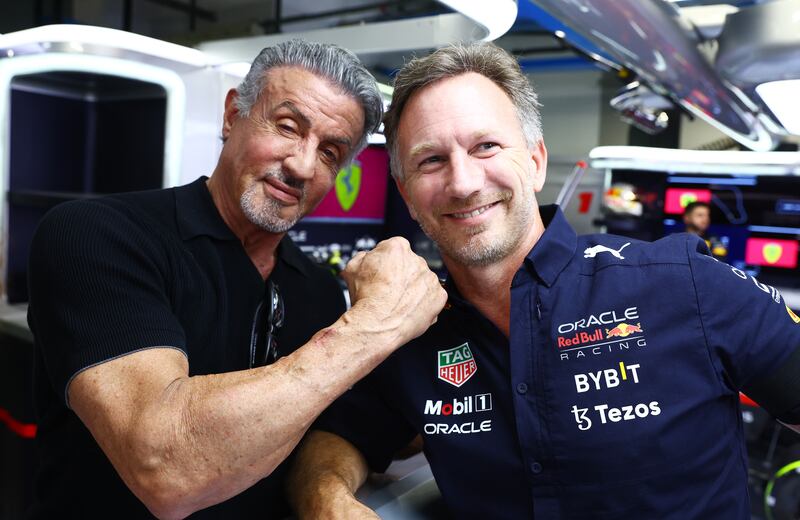 Sylvester Stallone meets Red Bull Racing boss Christian Horner. Getty