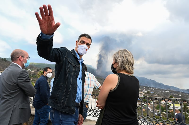 Spanish Prime Minister Pedro Sanchez during his visit to the area affected by the volcanic eruption. EPA