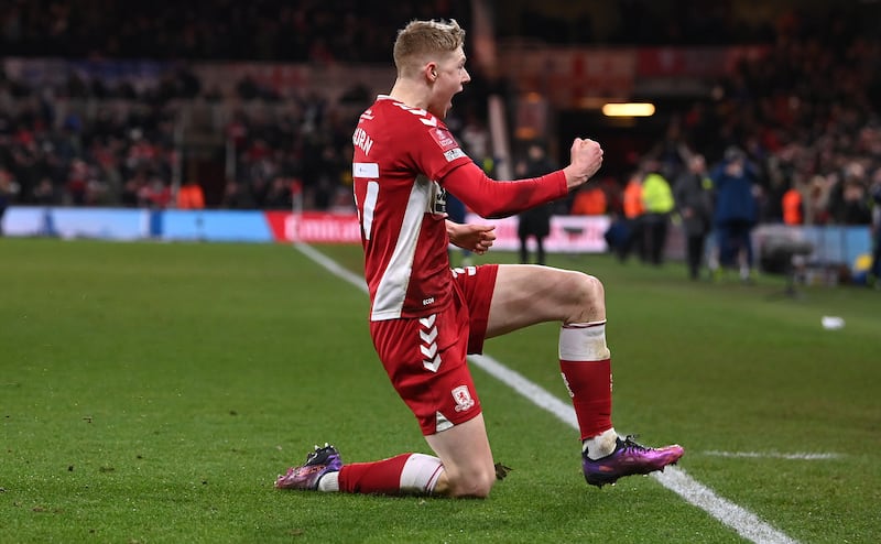 Josh Coburn of Middlesbrough celebrates after scoring the winning goal against Tottenham Hotspur at Riverside Stadium. Getty