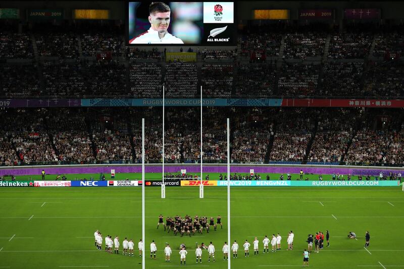 New Zealand players perform the haka prior to the Rugby World Cup semi-final against England on Saturday, October 26, 2019 in Yokohama, Japan. England players went against tradition by lining up in a V-shape rather than a usual straight line. Getty