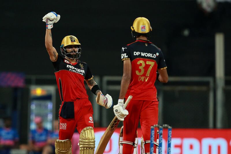 Virat Kohli Captain of Royal Challengers Bangalore celebrates after win the match  during match 16 of the Vivo Indian Premier League 2021 between the Royal Challengers Bangalore and the Rajasthan Royals held at the Wankhede Stadium Mumbai on the 22nd April 2021.

Photo by Rahul Gulati/ Sportzpics for IPL