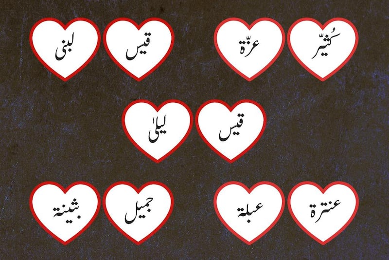 The names of couples who feature in Arabic love-lost poetry. Hussain Almoosawi / The National