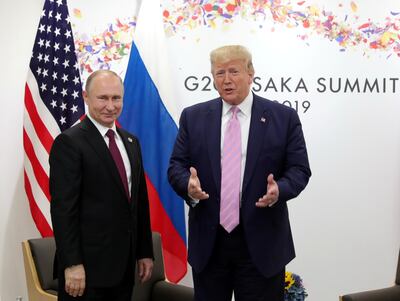 Russia's President Vladimir Putin and U.S. President Donald Trump attend a meeting on the sidelines of the G20 summit in Osaka, Japan June 28, 2019. Sputnik/Mikhail Klimentyev/Kremlin via REUTERS  ATTENTION EDITORS - THIS IMAGE WAS PROVIDED BY A THIRD PARTY.