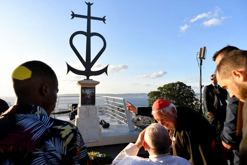 Pope Francis during a moment of reflection with religious leaders near a monument in Marseille dedicated to sailors and migrants lost at sea. Reuters