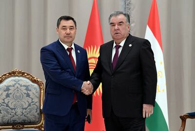 Kyrgyz President Sadyr Japarov shakes hands with Tajik President Emomali Rakhmon during a meeting on the sidelines of the Shanghai Co-operation Organisation (SCO) summit in Samarkand, Uzbekistan on September 16. Reuters