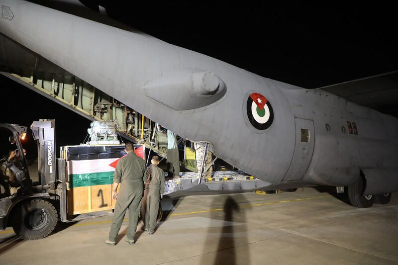 Humanitarian aid being loaded on to a Jordanian military cargo plane bound for Gaza. AFP