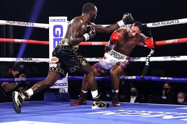 LAS VEGAS, NV - NOVEMBER 14: Terence Crawford and Kell Brook exchange punches during their fight for the WBO welterweight title at the MGM Grand Conference Center on November 14, 2020 in Las Vegas, Nevada. (Photo by Mikey Williams/Top Rank Inc via Getty Images)