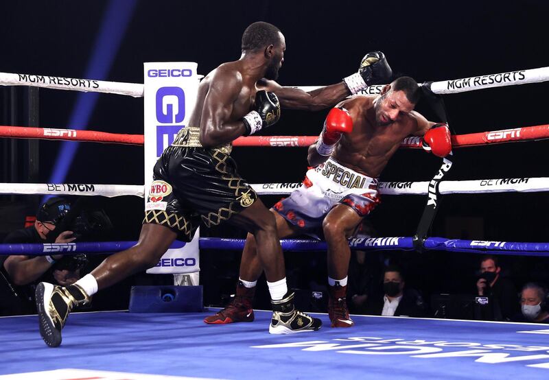 LAS VEGAS, NV - NOVEMBER 14: Terence Crawford and Kell Brook exchange punches during their fight for the WBO welterweight title at the MGM Grand Conference Center on November 14, 2020 in Las Vegas, Nevada. (Photo by Mikey Williams/Top Rank Inc via Getty Images)