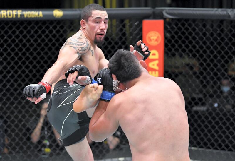 LAS VEGAS, NEVADA - APRIL 17: (L-R) Robert Whittaker of Australia kicks Kelvin Gastelum in a middleweight fight during the UFC Fight Night event at UFC APEX on April 17, 2021 in Las Vegas, Nevada. (Photo by Chris Unger/Zuffa LLC) *** Local Caption *** LAS VEGAS, NEVADA - APRIL 17: (L-R) Robert Whittaker of Australia kicks Kelvin Gastelum in a middleweight fight during the UFC Fight Night event at UFC APEX on April 17, 2021 in Las Vegas, Nevada. (Photo by Chris Unger/Zuffa LLC)