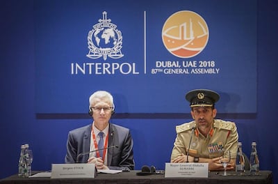 Jürgen Stock, secretary general of Interpol, and Major General Abdullah Al Marri, commander-in-chief of Dubai Police, pictured on the first day of the Interpol General Assembly in Dubai. Courtesy: Interpol