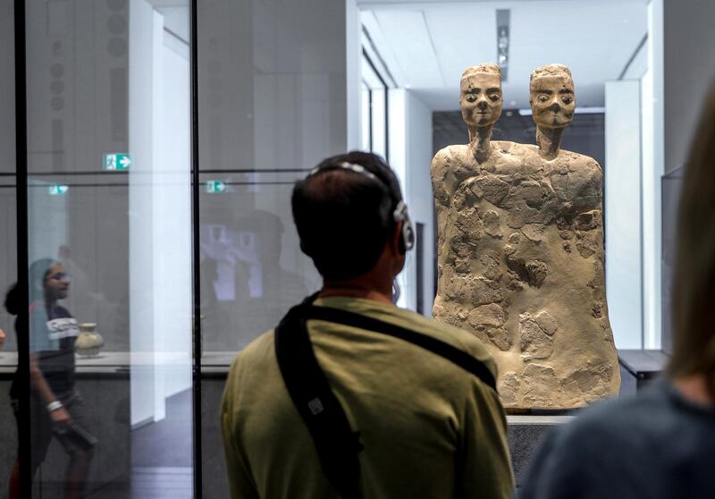 Abu Dhabi, United Arab Emirates, March 12, 2020.  
Stock Images;  The Louvre Abu Dhabi.  Shot November 19, 2019.  Monumental statue with two heads; Jordan, Ain Ghazal; About 6500 BCE.
Victor Besa / The National
Section:  NA standalone
Reporter: