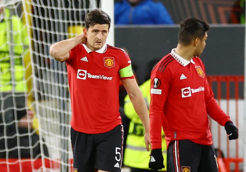 Manchester United's Harry Maguire looks dejected after scoring an own goal. Reuters
