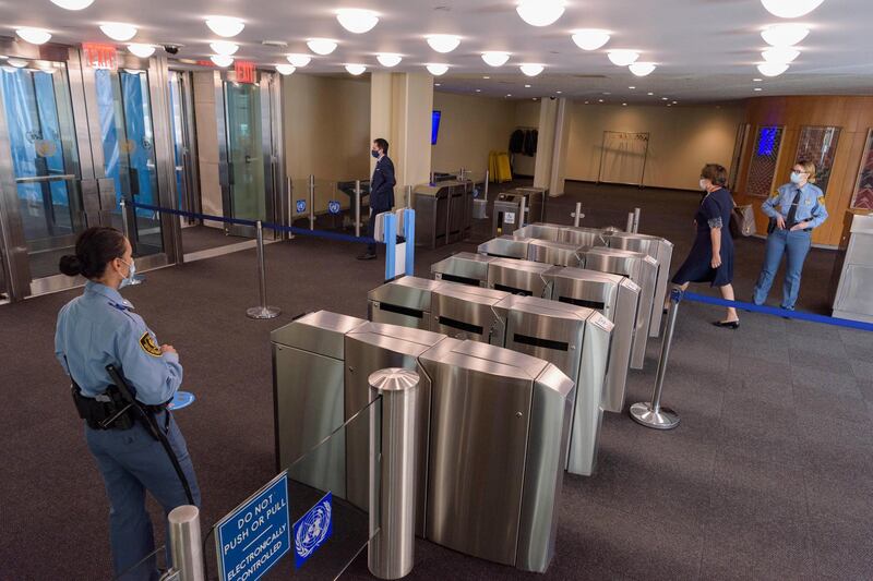 A view of the normally busy delegates entrance at UN headquarters, in New York City. The United Nations via AP